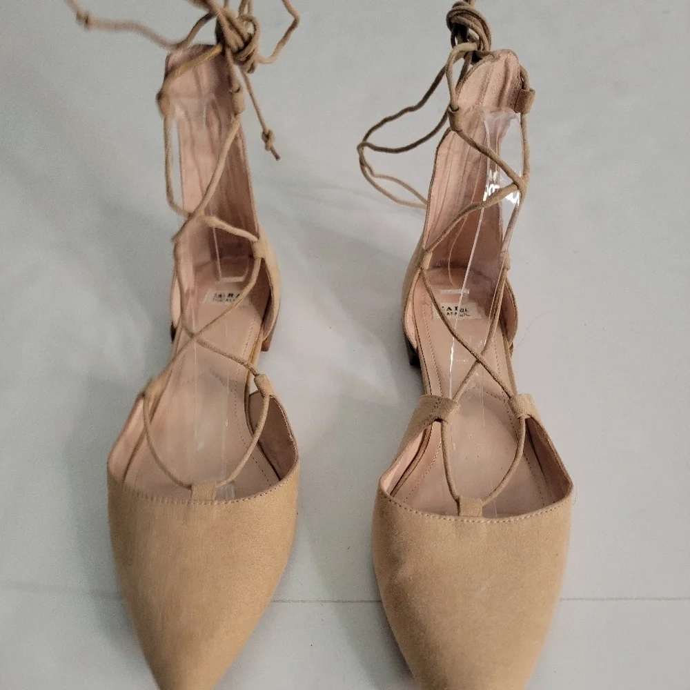 Zara Sz 38 8 Suede Lace Up Pointed Toe Ballet Flats Shoes Tan - Picture 2 of 8